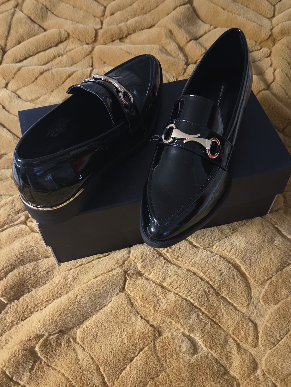 French Connection Black Patent Loafers with Gold Accent Bit